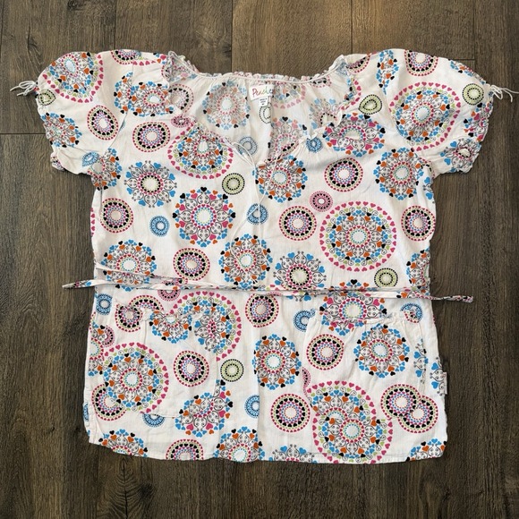 Peaches & Cream Tops - Peaches Women's M Lace Up Belted Summer Top White Geometric Print Peasant Boho
